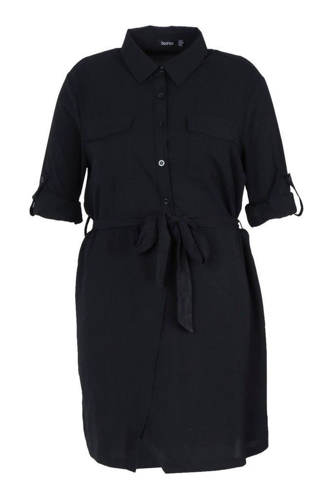 Womens Plus Utility Tie Front Woven Shirt Dress - black - 16, Black
