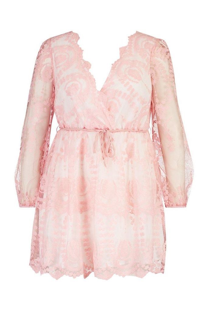 Womens Plus Lace Plunge Skater Dress - pink - 24, Pink