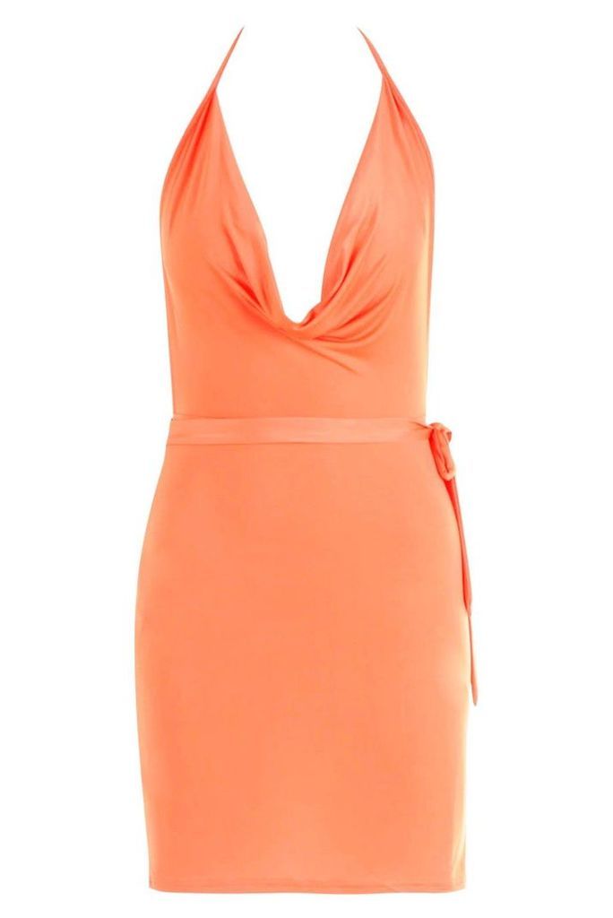 Womens Petite Cowl Neck Tie Waist Mini Dress - orange - 12, Orange