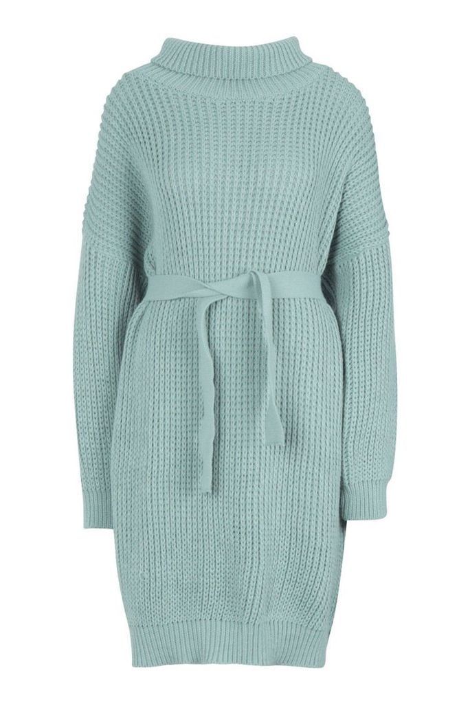 Womens Roll Neck Chunky Belted Midi Dress - green - M/L, Green