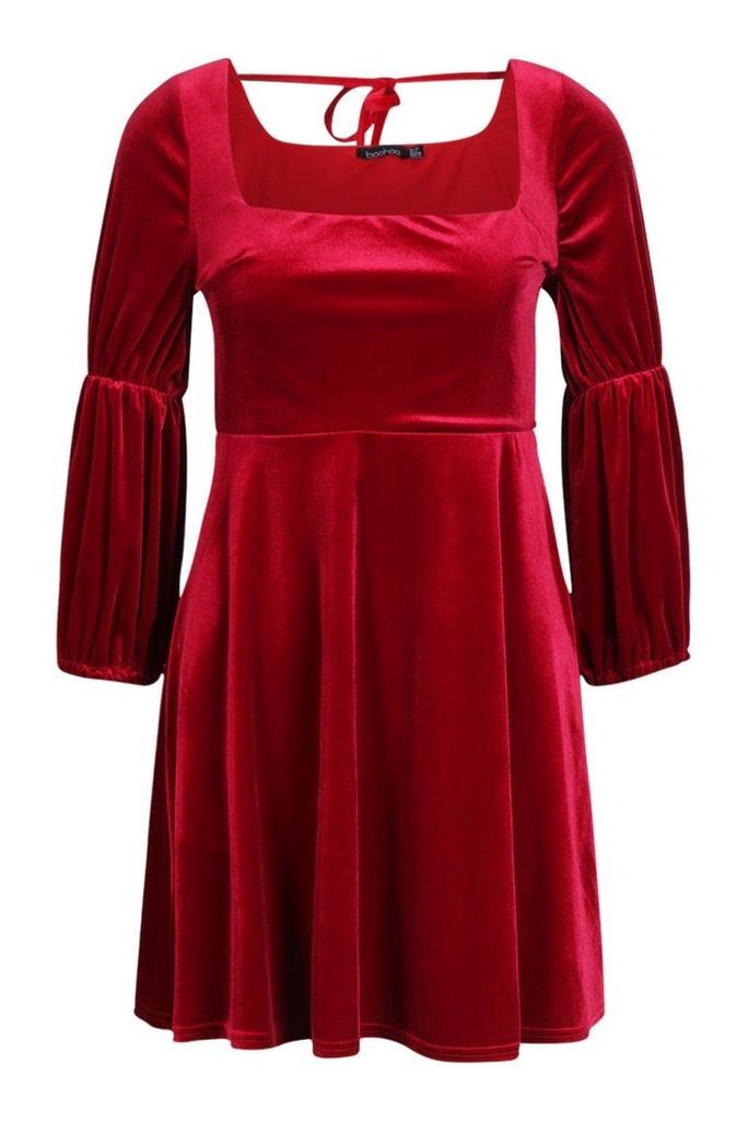 Womens Velvet Double Puff Sleeve Skater Dress - red - 10, Red