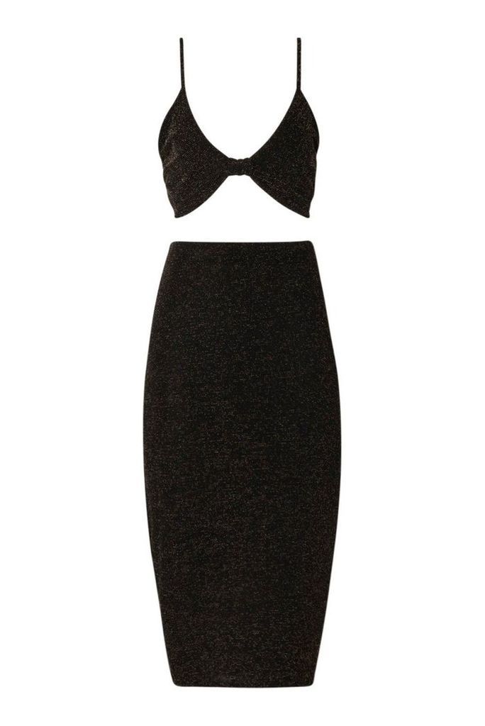 Womens Glitter Bralet And Midaxi Skirt Co-Ord Set - black - 14, Black