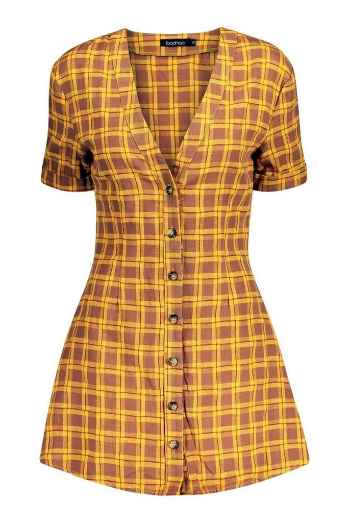 Womens 90's Check Horn Button Shift Dress - yellow - 12, Yellow
