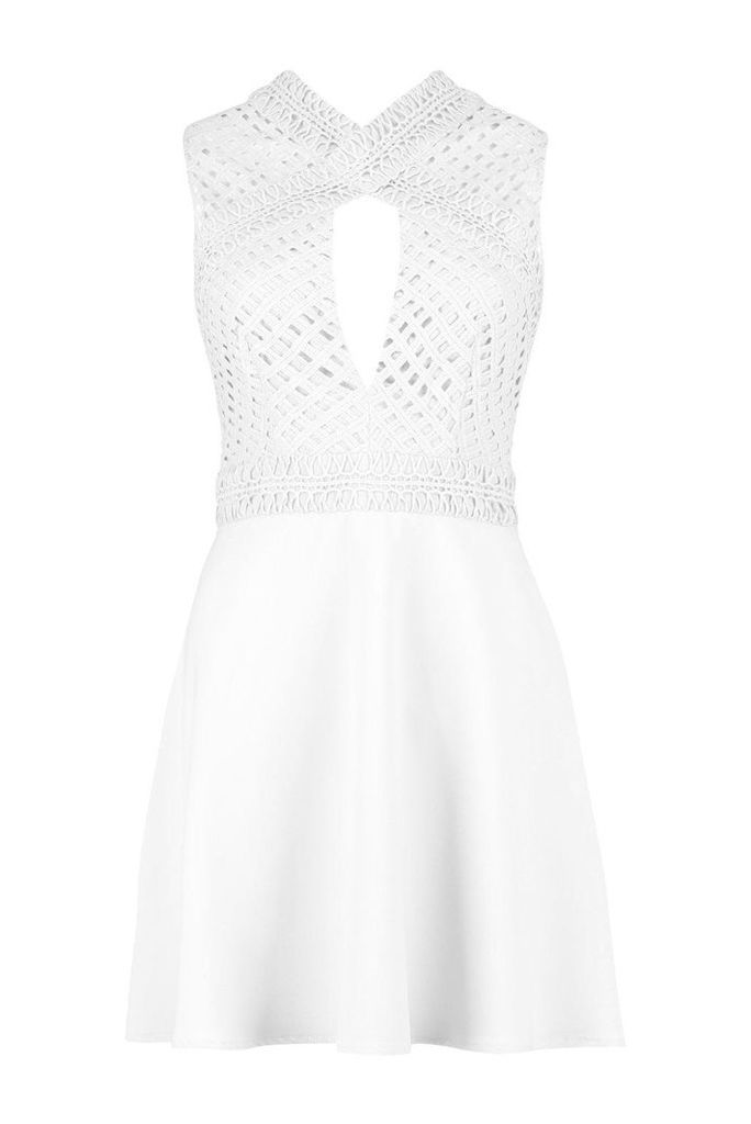 Womens Lace Cut Out Detail Skater Dress - white - 10, White