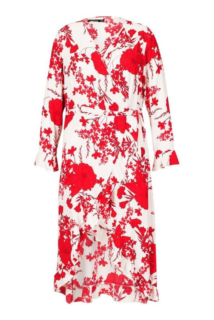 Womens Plus Floral Wrap Midi Dress - red - 16, Red