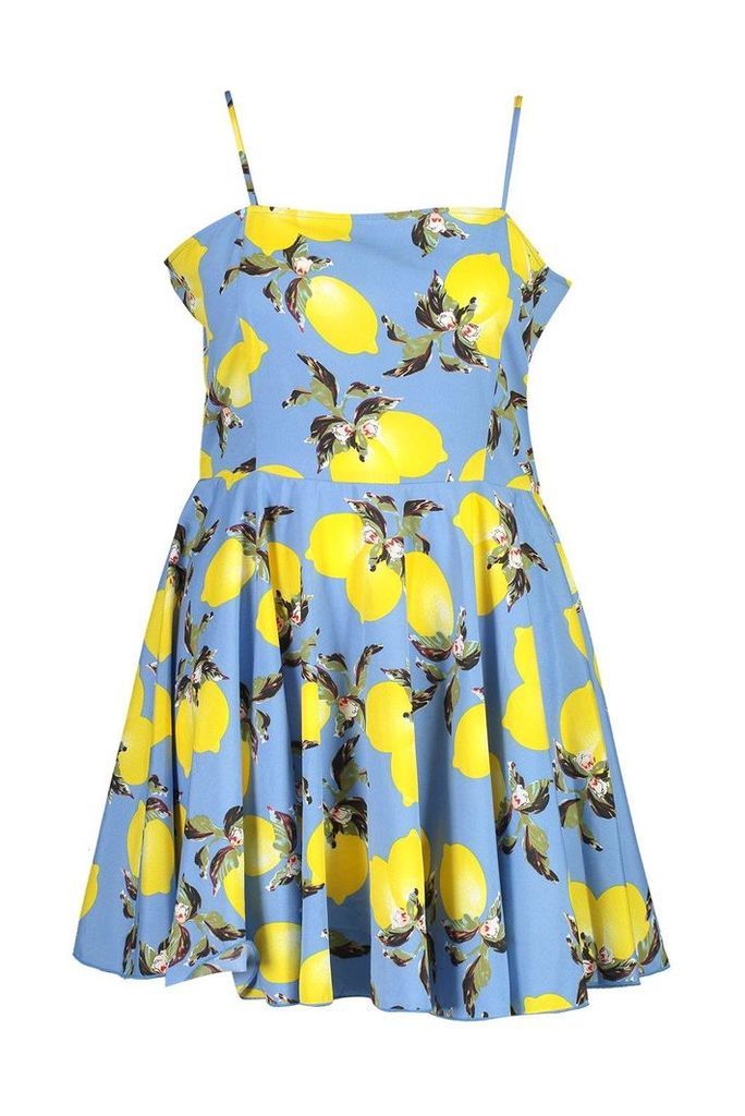 Womens Plus Lemon Printed Strappy Skater Dress - Blue - 20, Blue