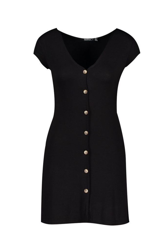 Womens Petite Cap Sleeve Button Through Swing Dress - black - 10, Black