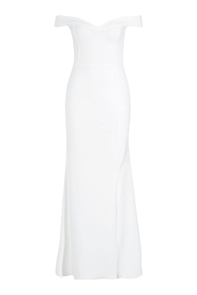 Womens Petite Bardot Split Fish Tail Maxi Dress - white - 8, White