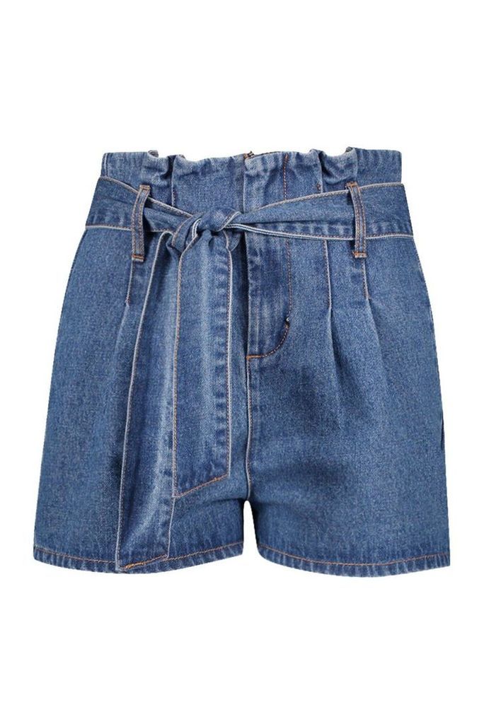 Womens Petite Paper Bag Waist Denim Shorts - blue - 8, Blue