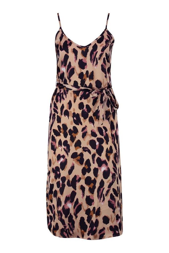 Womens Petite Leopard Print Strappy Midi Dress - brown - 14, Brown