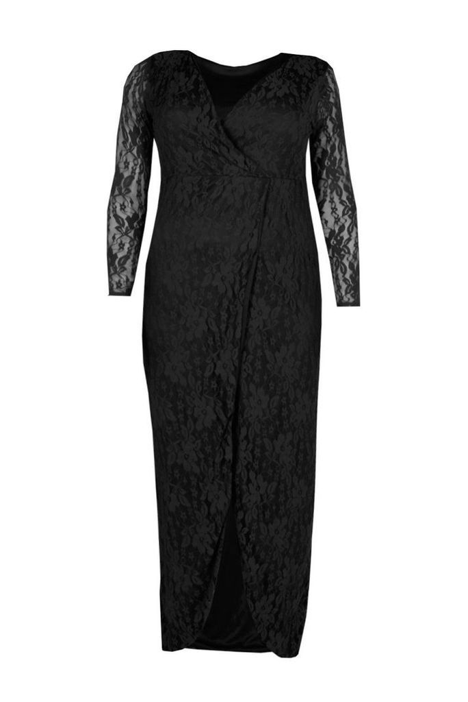 Womens Plus Lace Wrap Front Maxi Dress - black - 16, Black