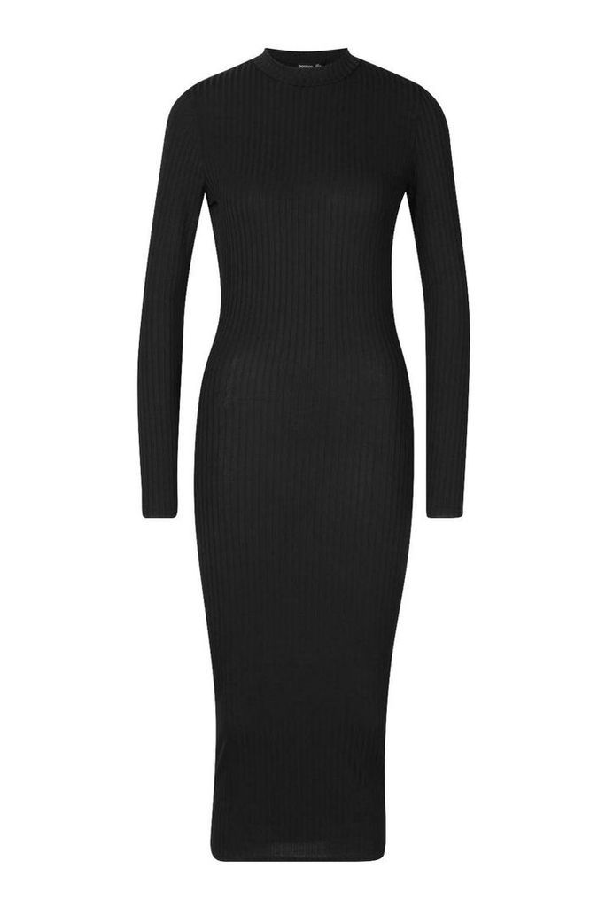 Womens Tall Ribbed High Neck Long Sleeve Midi Dress - black - 8, Black