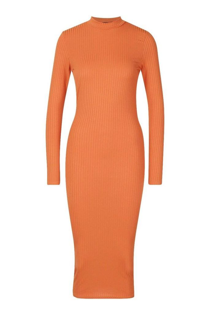 Womens Tall Ribbed High Neck Long Sleeve Midi Dress - orange - 8, Orange
