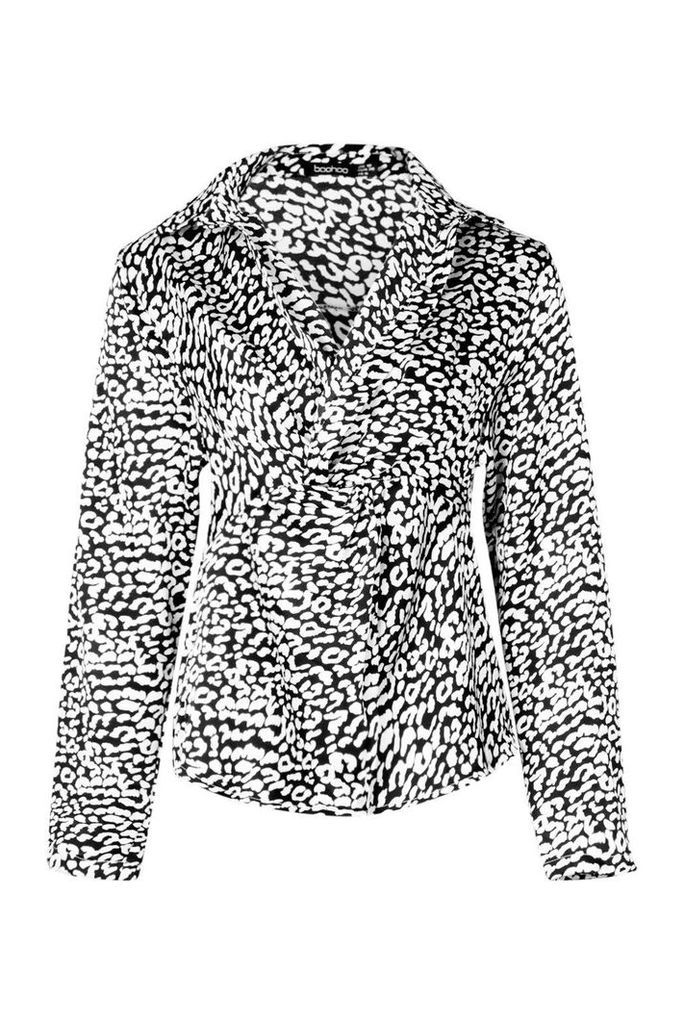 Womens Twist Front Leopard Shirt - black - 12, Black