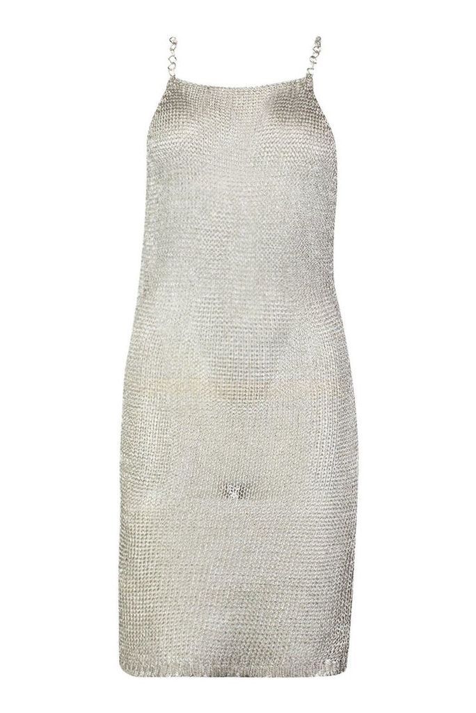 Womens Chain Strap Metallic Knit Mini Dress - grey - L, Grey