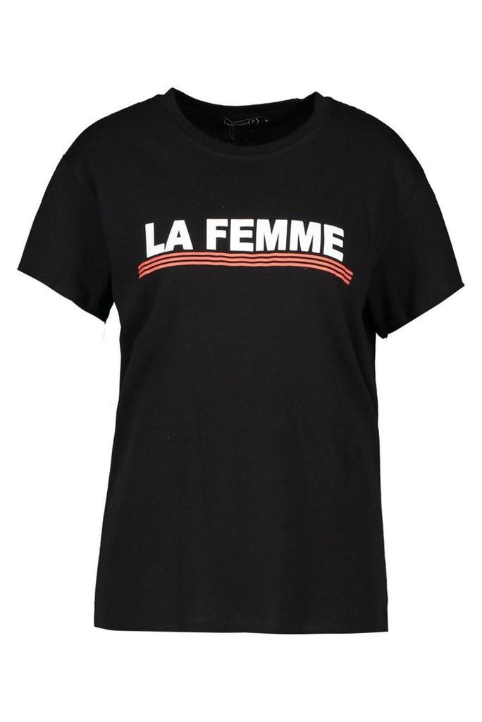 Womens Petite 'La Femme' Slogan Oversized T-Shirt - black - S, Black