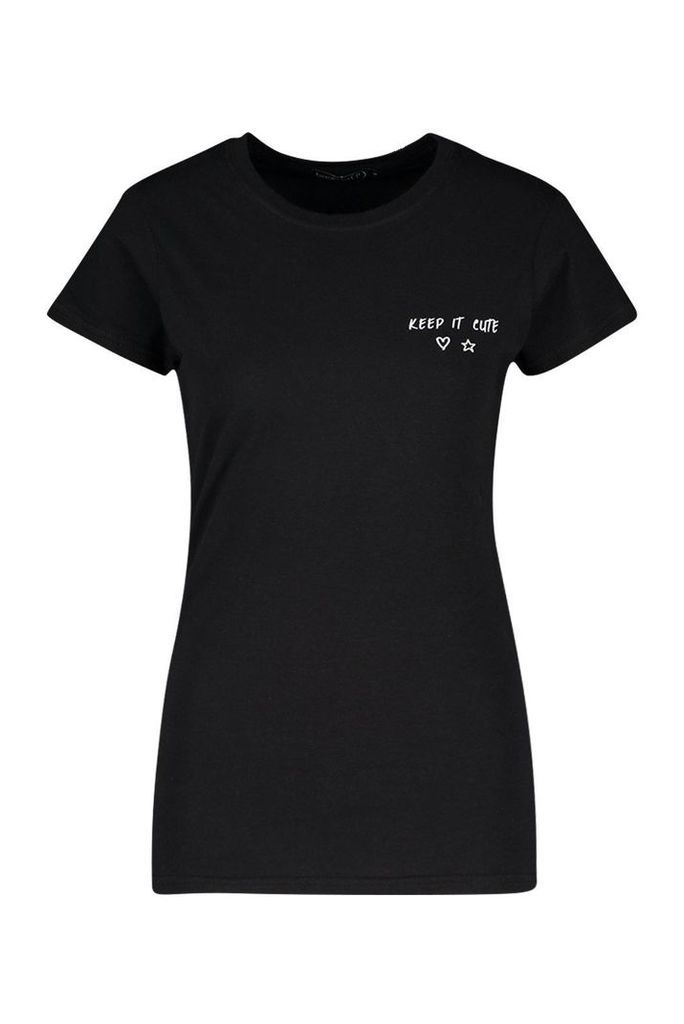 Womens Petite 'Keep It Cute' Slogan T-Shirt - black - S, Black