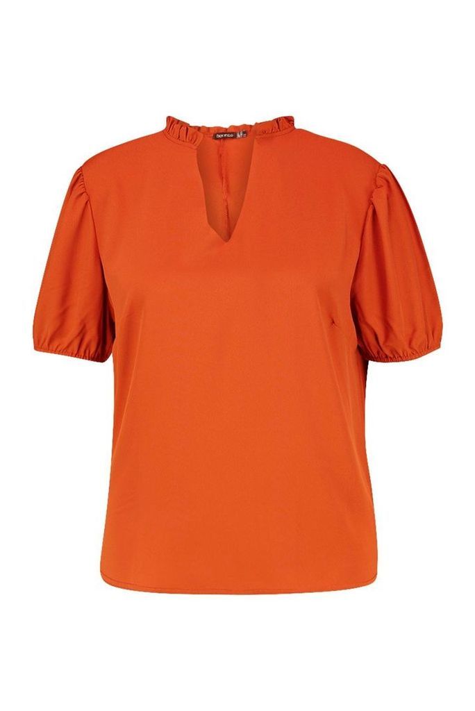 Womens Plus Ruffle Collar Puff Sleeve Blouse - orange - 24, Orange
