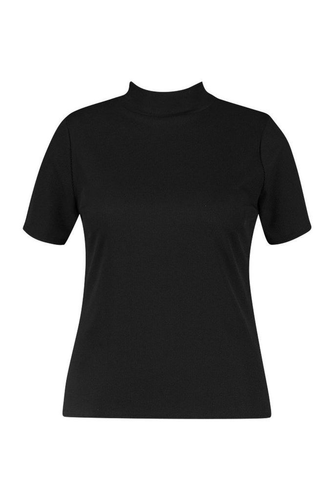 Womens Plus Rib High Neck Cap Sleeve Top - black - 26, Black