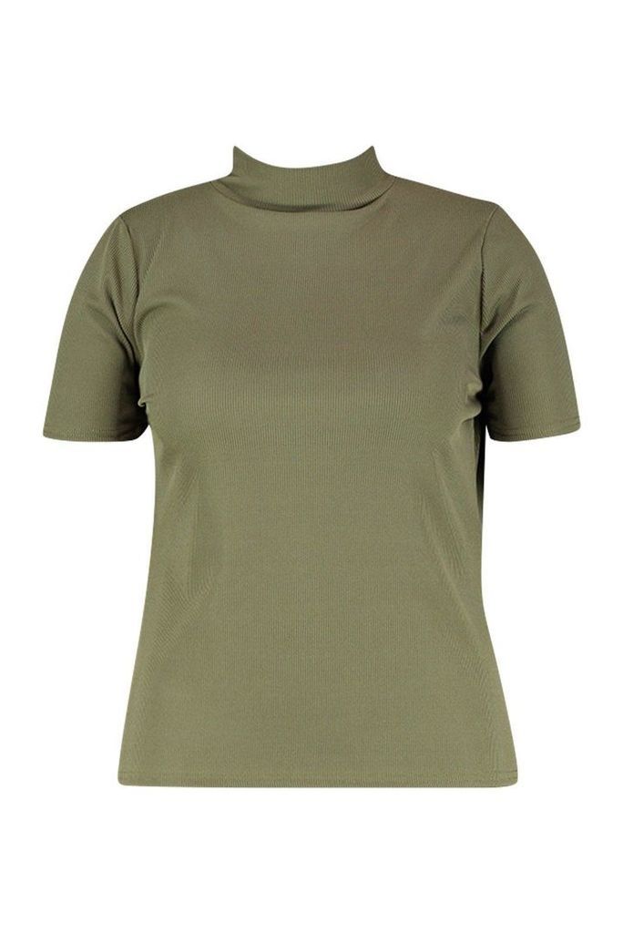 Womens Plus Rib High Neck Cap Sleeve Top - Green - 28, Green