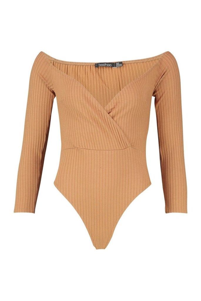 Womens Petite Off The Shoulder Wrap Knitted Rib Bodysuit - beige - 4, Beige
