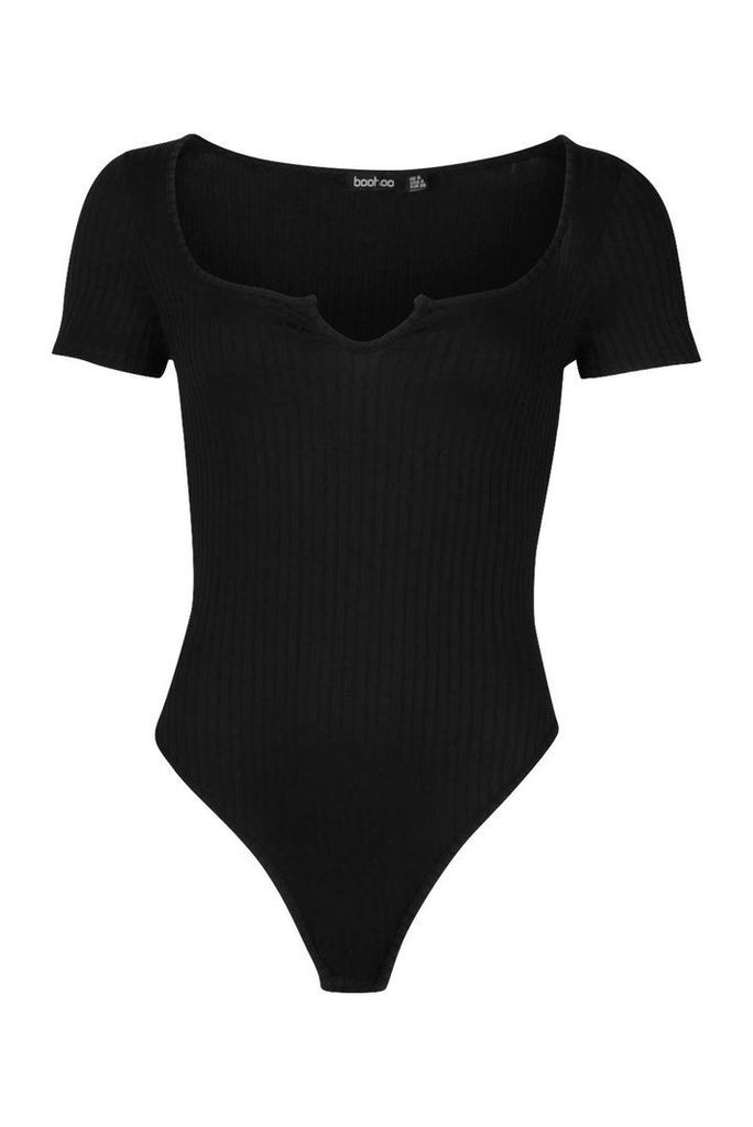 Womens Petite Square Neck Jumbo Rib Notch Bodysuit - black - 14, Black