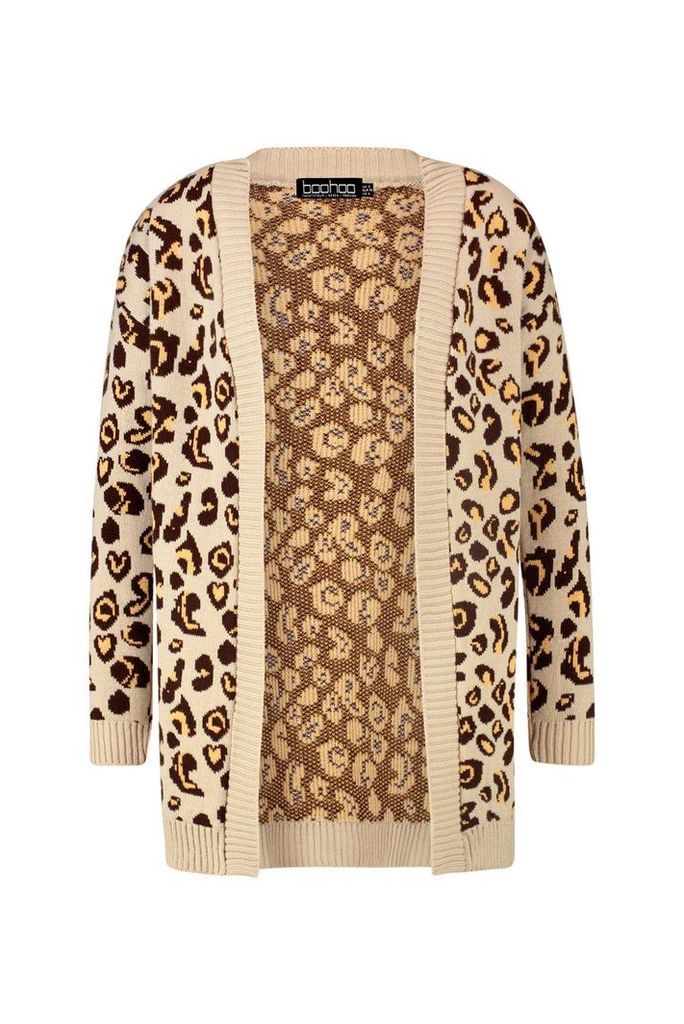 Womens Plus Leopard Knitted Oversized Cardigan - Beige - 16-18, Beige