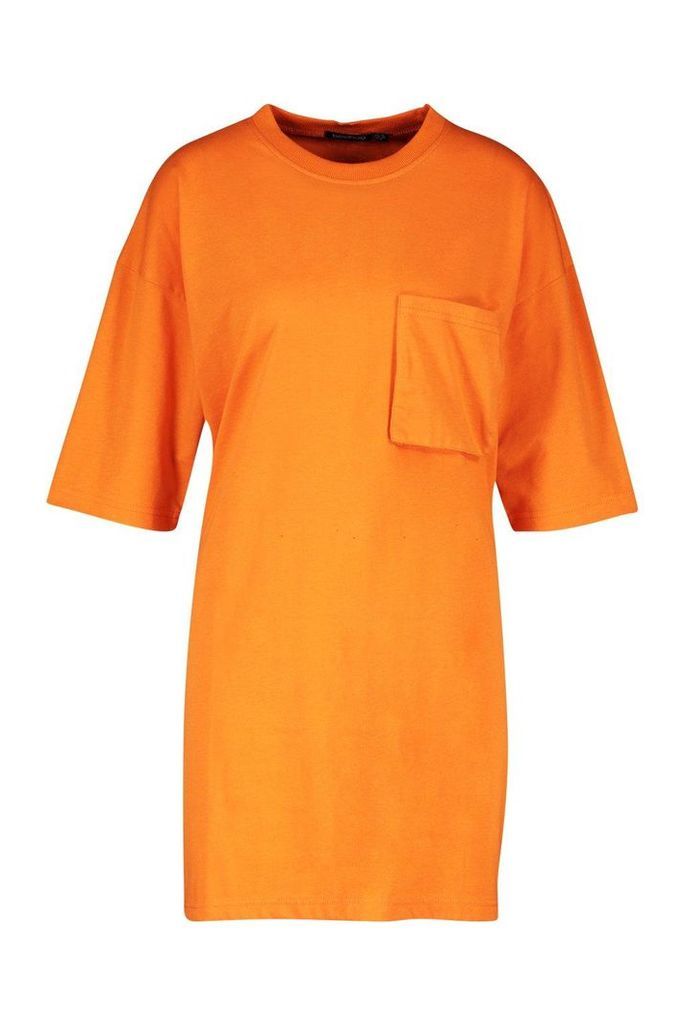 Womens Cotton Pocket Detail Oversized T-Shirt Dress - orange - 8, Orange