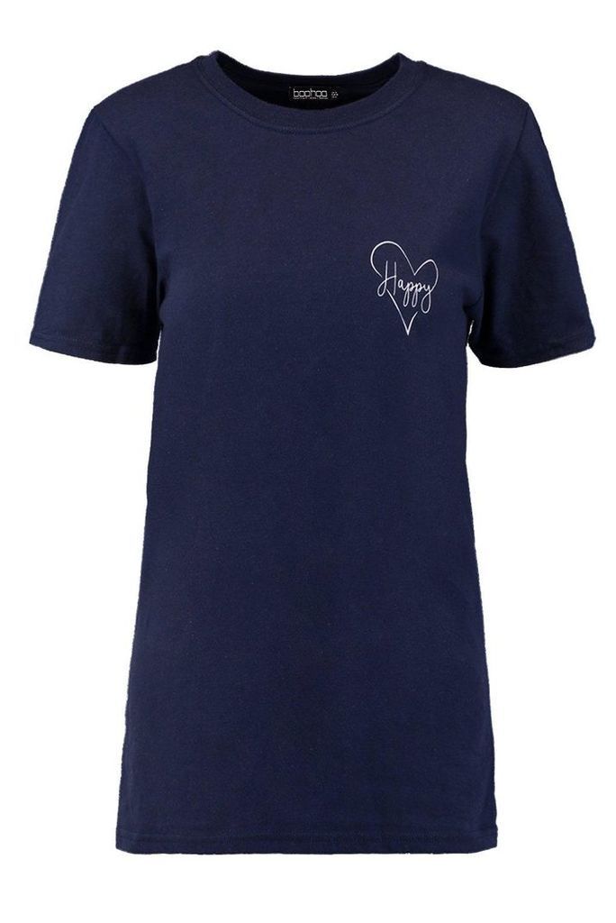 Womens Happy Loveheart Pocket Slogan T-Shirt - navy - S, Navy