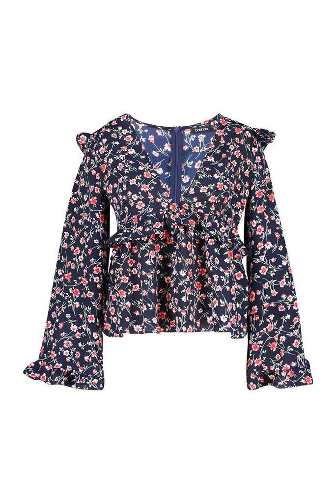 Womens Plus Floral Print Frill Smock Top - navy - 16, Navy