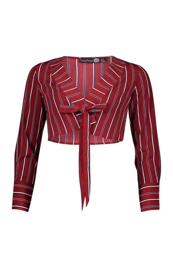 Womens Petite Woven Cropped Tie Front Shirt - red - 14, Red
