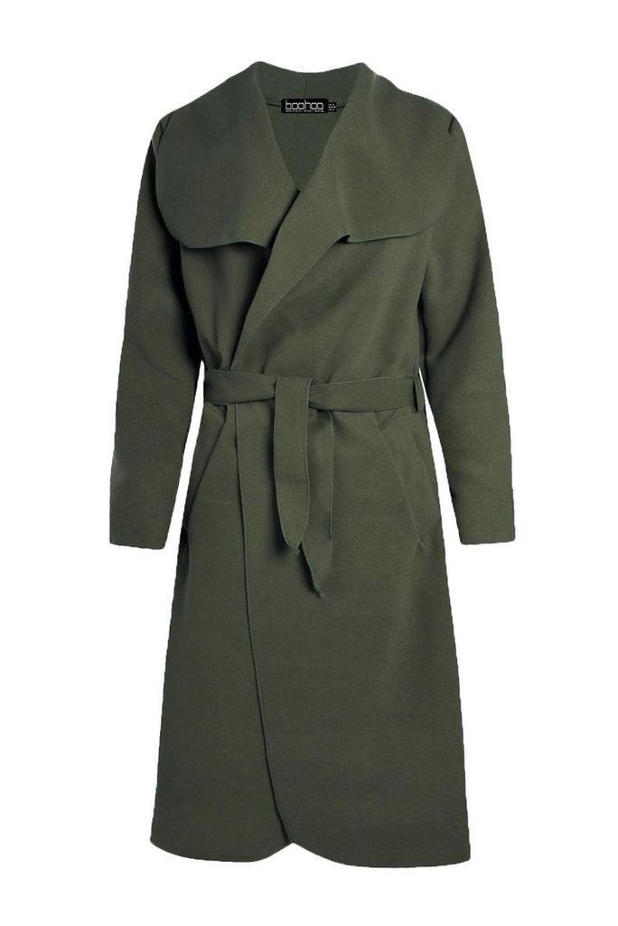 Womens Belted Shawl Collar Coat - Green - One Size, Green