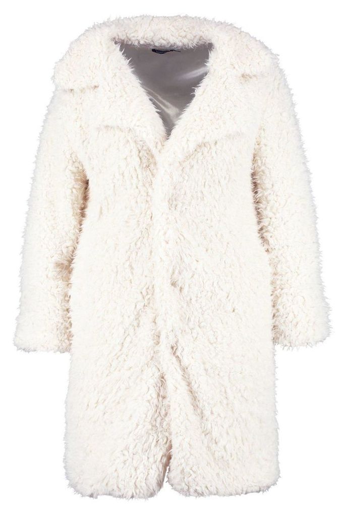 Womens Plus Long Sleeve Faux Fur Coat - White - 18, White