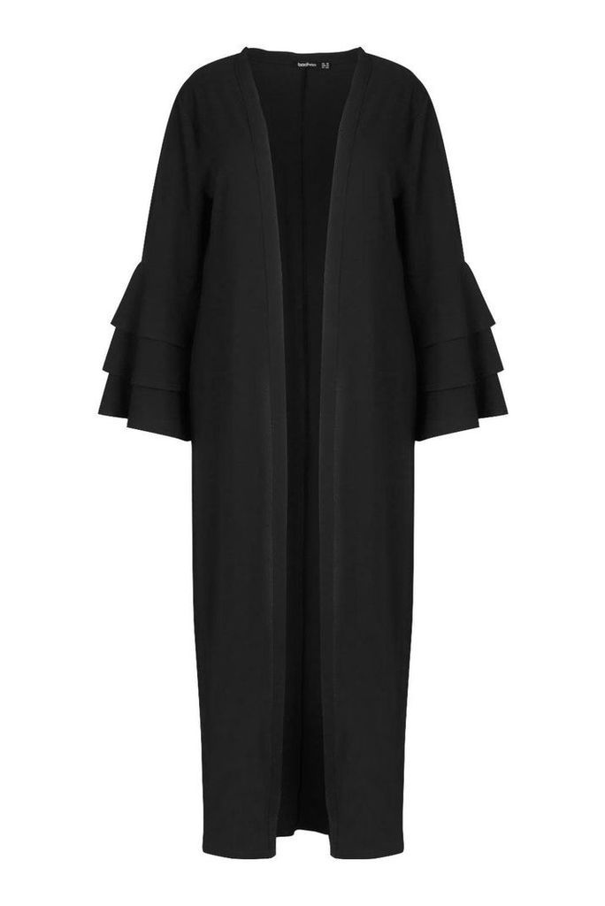 Womens Plus Ruffle Sleeve Maxi Chiffon Kimono - Black - 18, Black