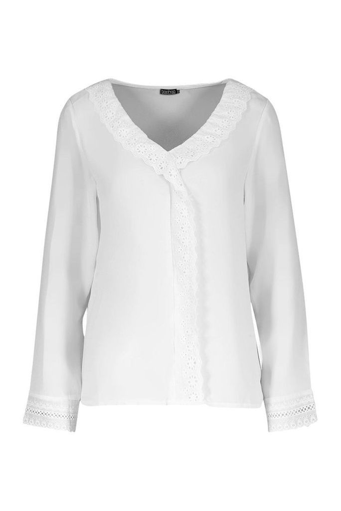 Womens Woven Ruffle Front Top - white - L, White