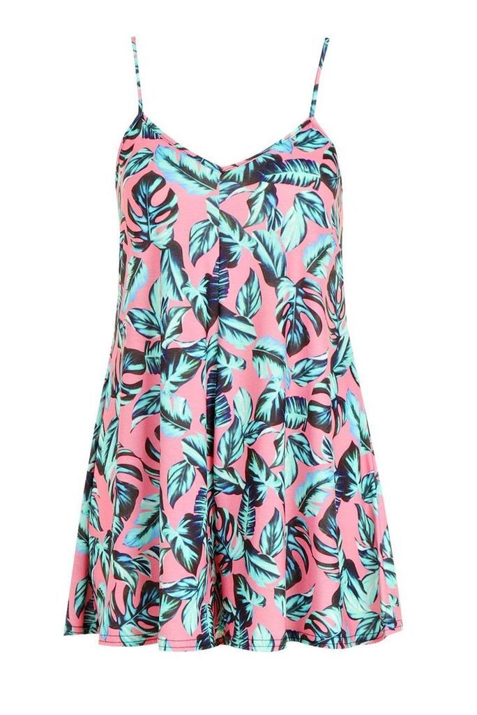 Womens Palm Print Swing Playsuit - Pink - 8, Pink