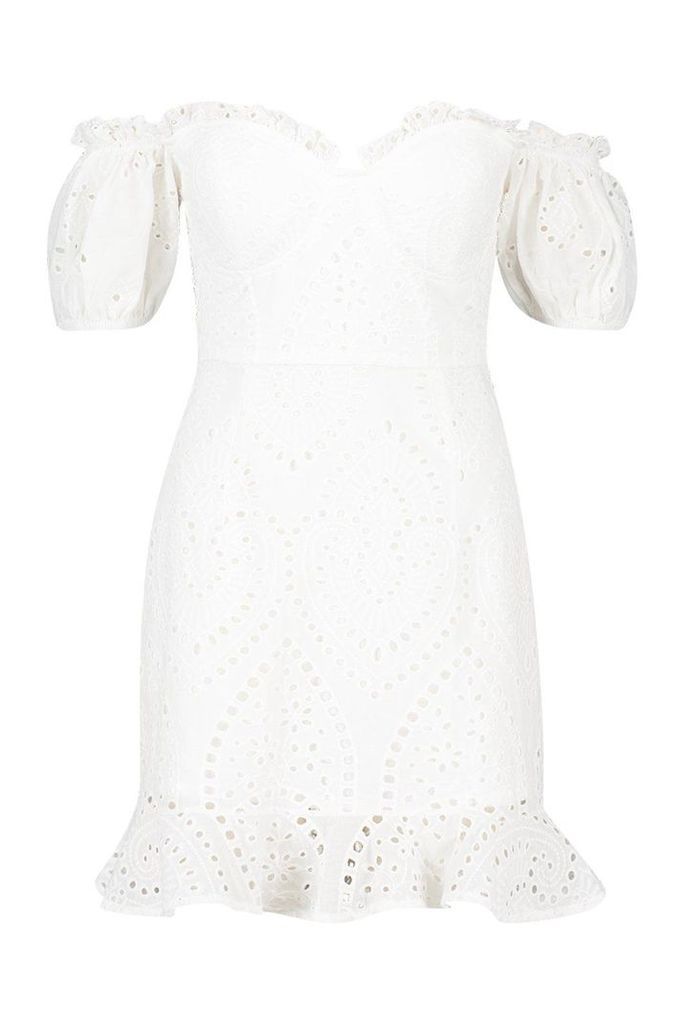 Womens Broderie Anglaise Ruffle Mini Dress - white - 14, White