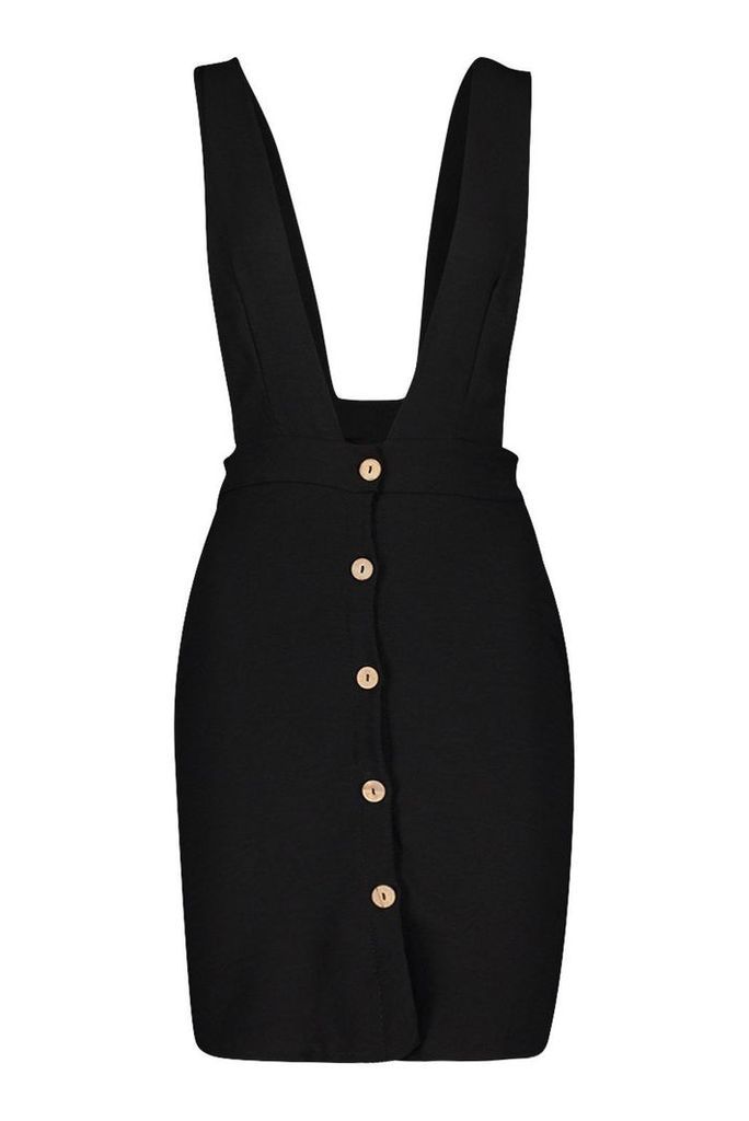Womens Plunge Front Button Pinafore Dress - black - 14, Black