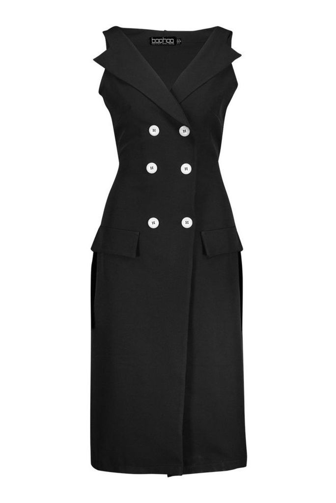 Womens Woven Bardot Double Breasted Midi Blazer Dress - black - 8, Black