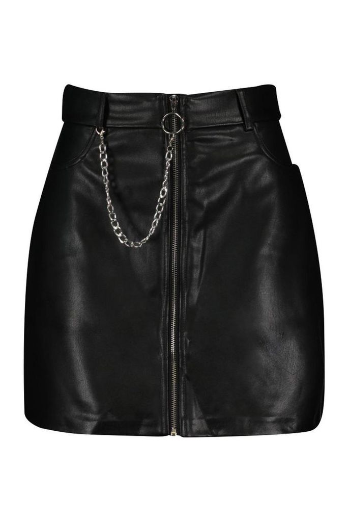 Womens Chain Detail Leather Look Mini Skirt - black - M, Black