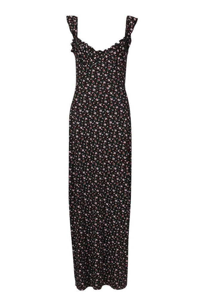 Womens Ditsy Floral Cupped Maxi Dress - black - 14, Black
