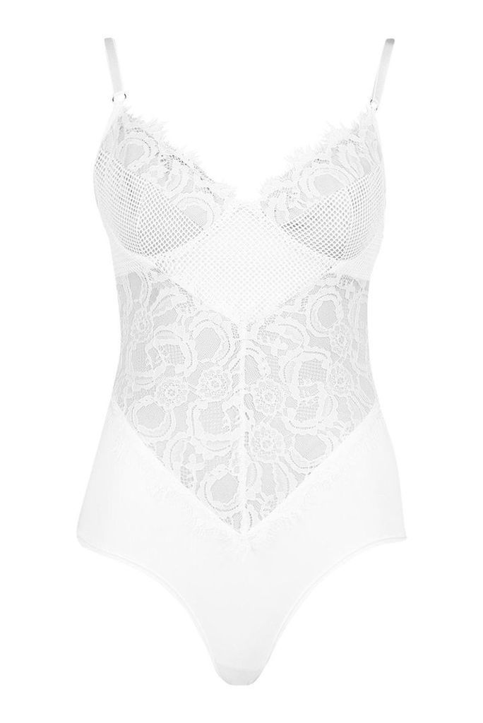 Womens All Over Lace Bodysuit - white - XS, White