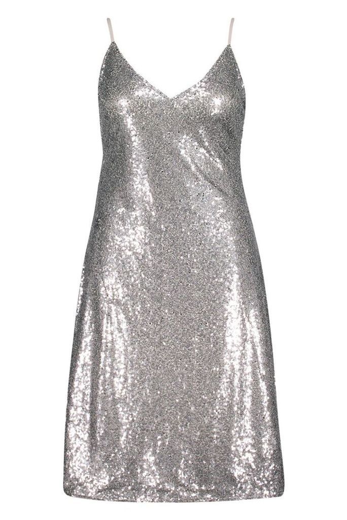 Womens Plus Sequin Plunge Midi Slip Dress - grey - 18, Grey