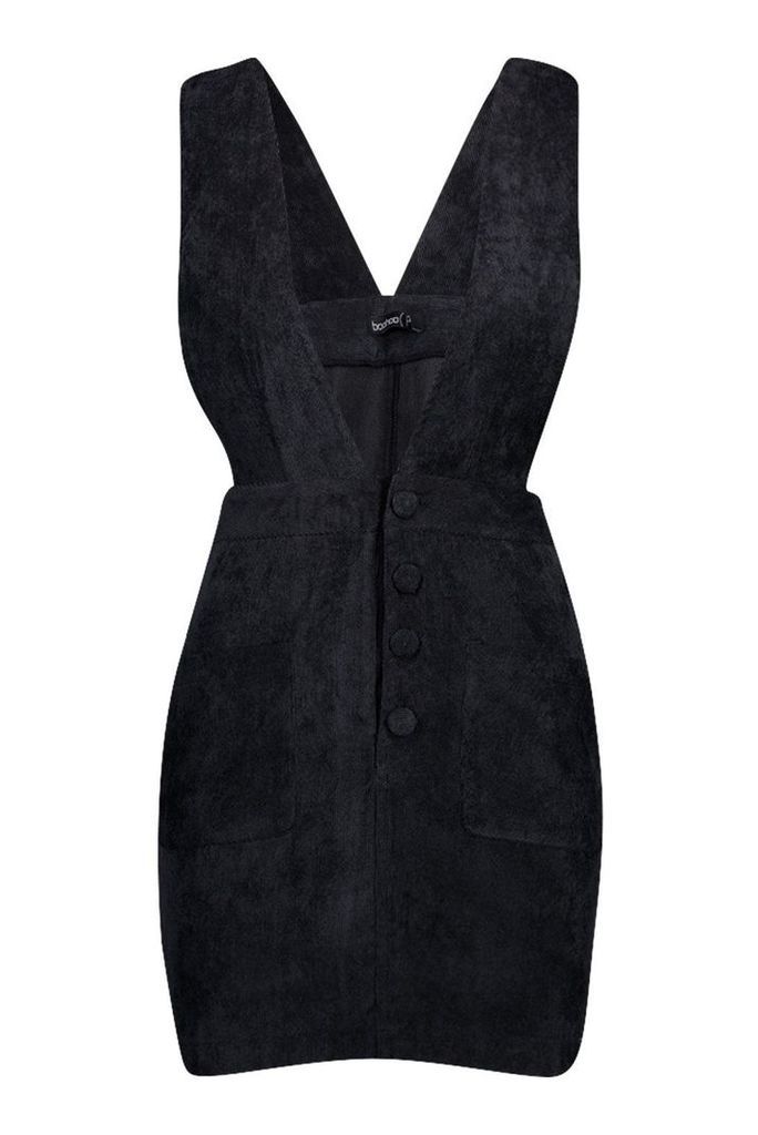 Womens Petite Cord Plunge Button Front Dress - black - 6, Black
