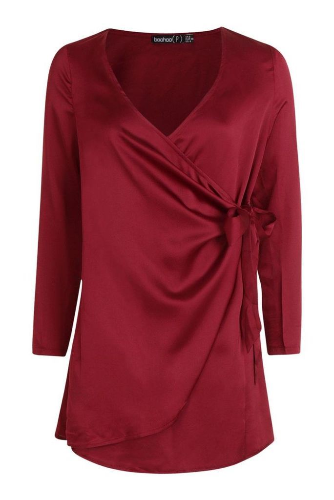 Womens Petite Wrap Satin Dress - red - 10, Red