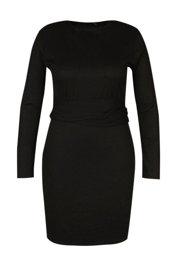 Womens Plus Ribbed Belted Dress - black - 18, Black
