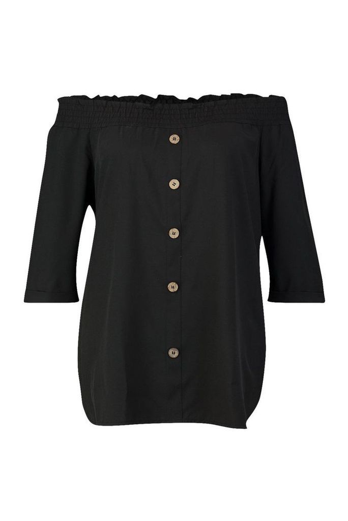 Womens Plus Woven Button Through Off Shoulder Top - black - 18, Black