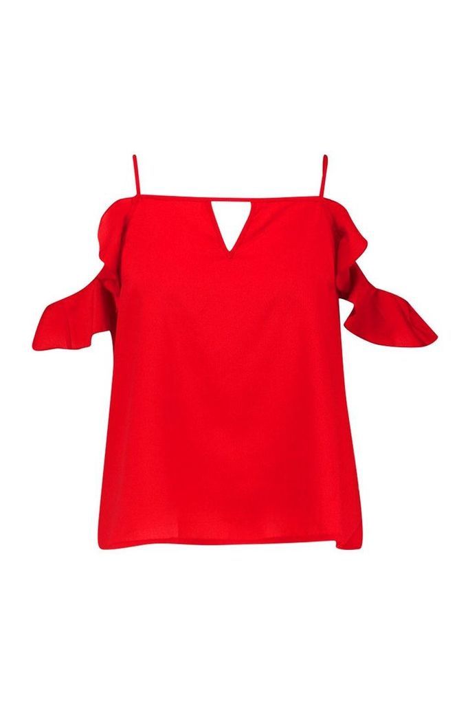 Womens Plus Ruffle Cold Shoulder Top - red - 22, Red