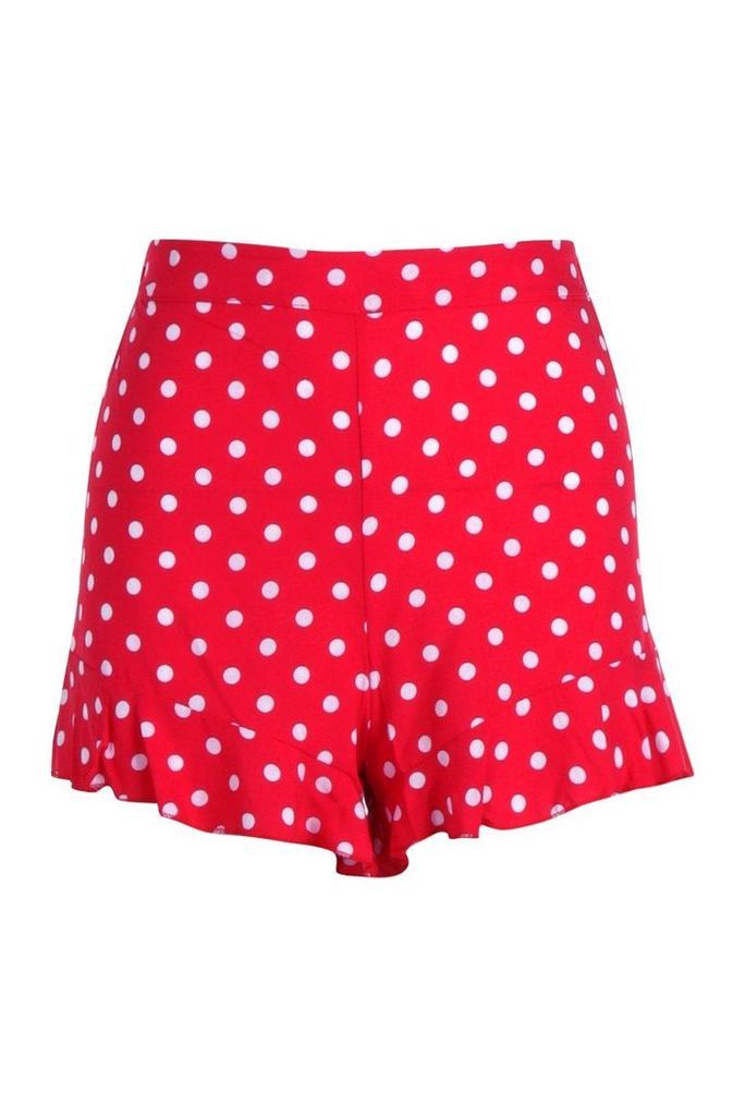 Womens Spot Woven Ruffle Hem Flippy Shorts - red - 10, Red