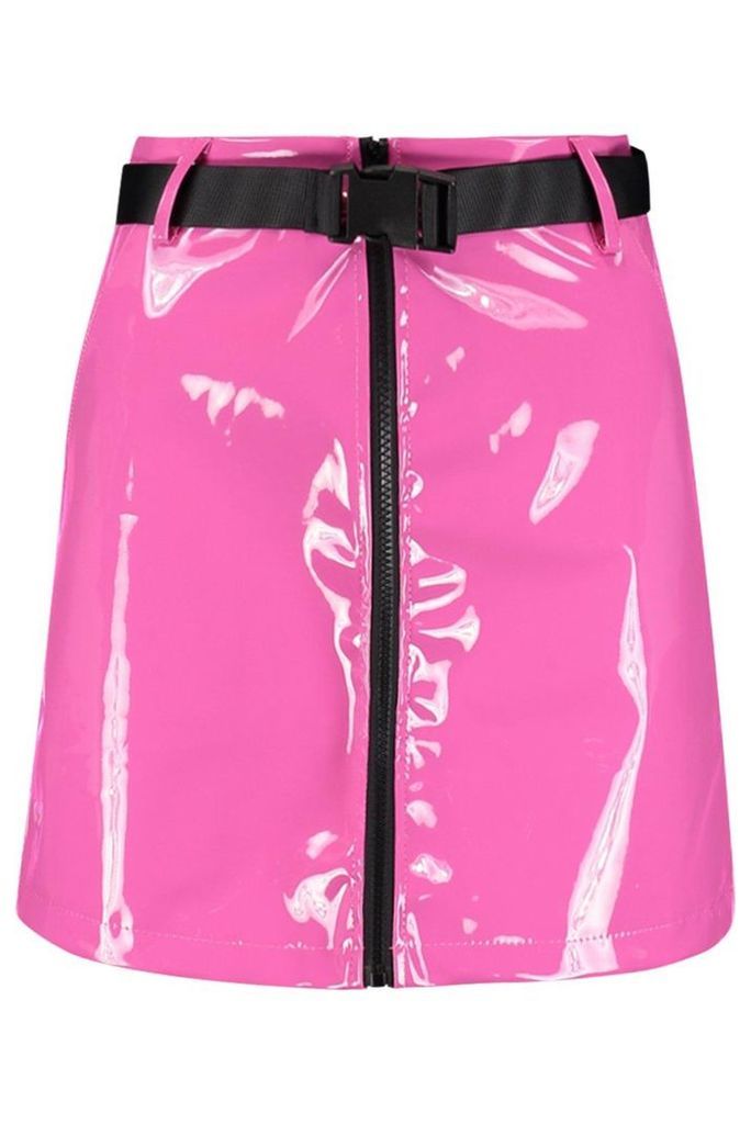Womens PU Patent Buckle Mini Skirt - Pink - S, Pink